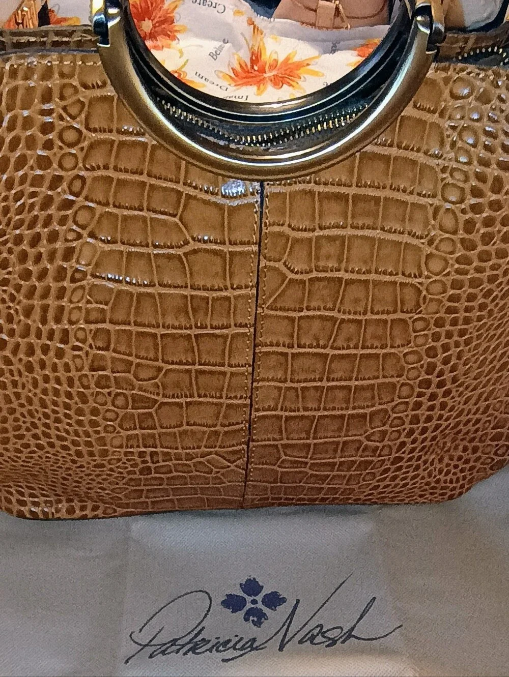 Patricia Nash Cognac Arenzano Leather Croc-Embossed Tote with Gold Ring Handle